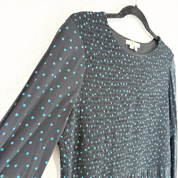 Boden Navy & Teal Polka Dot Smocked Long Sleeve Jersey Knit Dress Women's US 14L - Picture 7 of 11